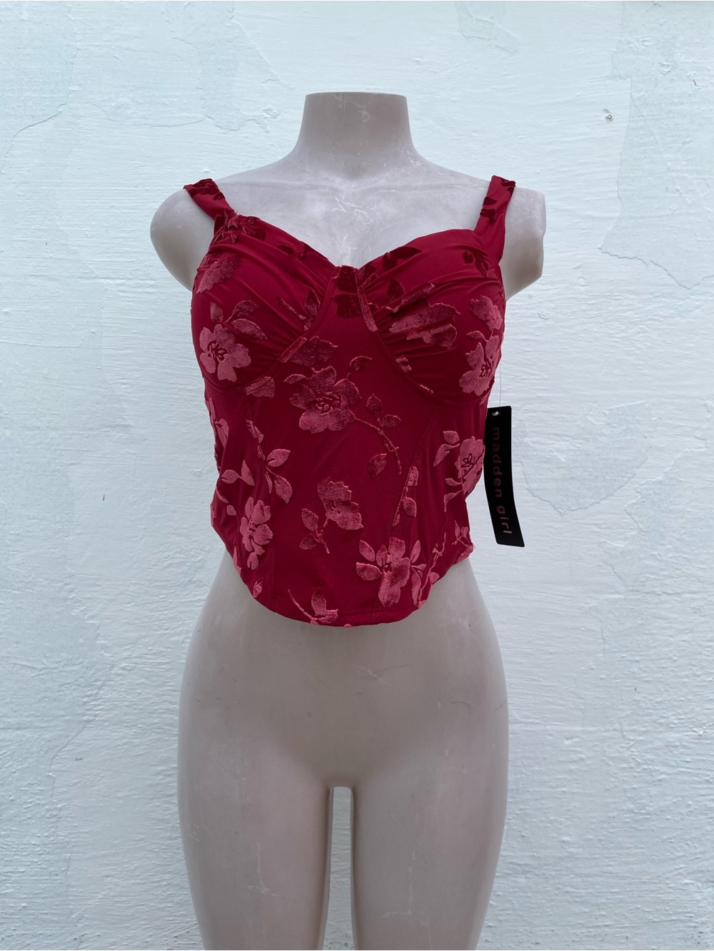 Madden Girl Burgundy Floral Velvet Bustier Cami